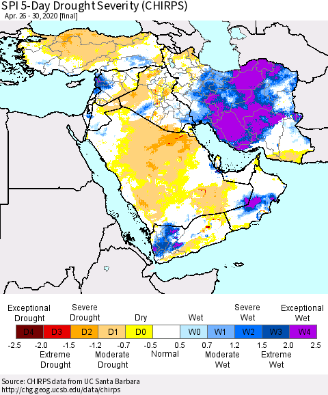 Middle East and Turkey SPI 5-Day Drought Severity (CHIRPS) Thematic Map For 4/26/2020 - 4/30/2020
