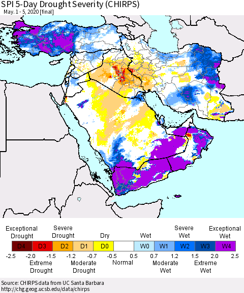 Middle East and Turkey SPI 5-Day Drought Severity (CHIRPS) Thematic Map For 5/1/2020 - 5/5/2020