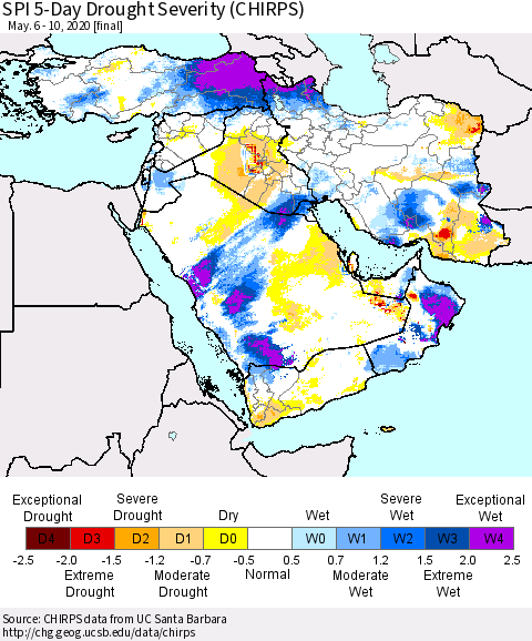 Middle East and Turkey SPI 5-Day Drought Severity (CHIRPS) Thematic Map For 5/6/2020 - 5/10/2020