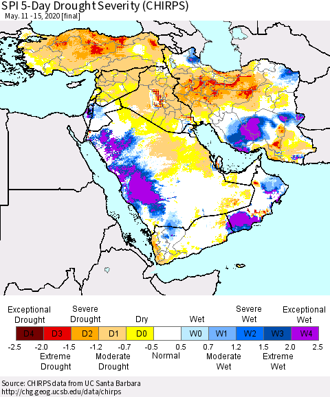 Middle East and Turkey SPI 5-Day Drought Severity (CHIRPS) Thematic Map For 5/11/2020 - 5/15/2020