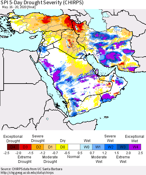 Middle East and Turkey SPI 5-Day Drought Severity (CHIRPS) Thematic Map For 5/16/2020 - 5/20/2020