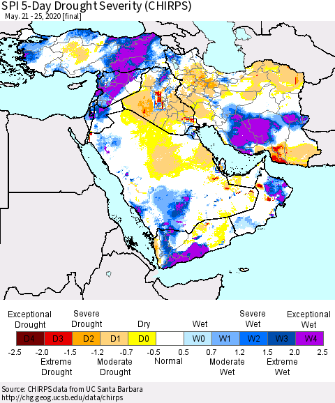 Middle East and Turkey SPI 5-Day Drought Severity (CHIRPS) Thematic Map For 5/21/2020 - 5/25/2020