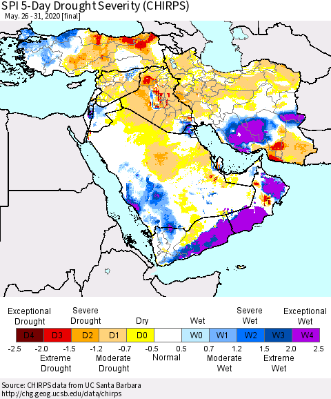 Middle East and Turkey SPI 5-Day Drought Severity (CHIRPS) Thematic Map For 5/26/2020 - 5/31/2020