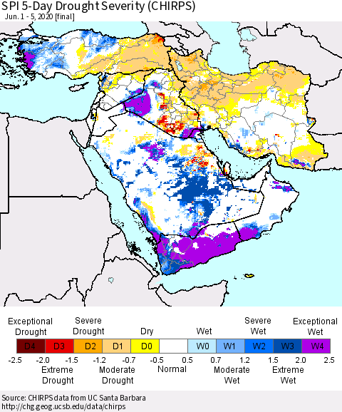 Middle East and Turkey SPI 5-Day Drought Severity (CHIRPS) Thematic Map For 6/1/2020 - 6/5/2020