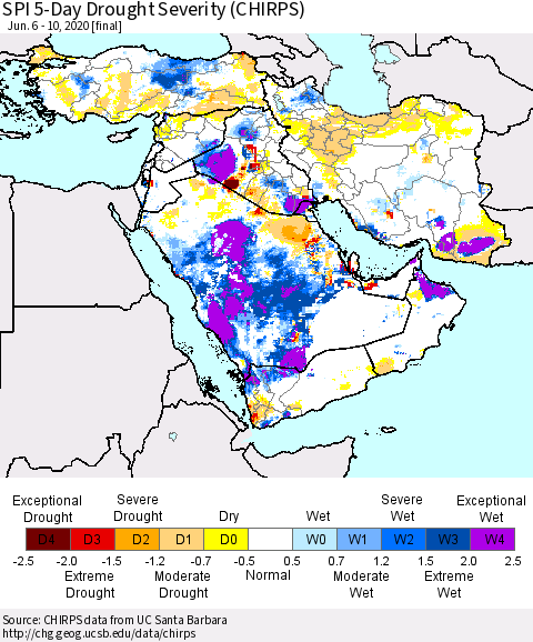 Middle East and Turkey SPI 5-Day Drought Severity (CHIRPS) Thematic Map For 6/6/2020 - 6/10/2020
