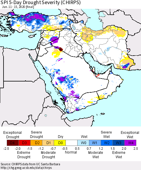 Middle East and Turkey SPI 5-Day Drought Severity (CHIRPS) Thematic Map For 6/11/2020 - 6/15/2020