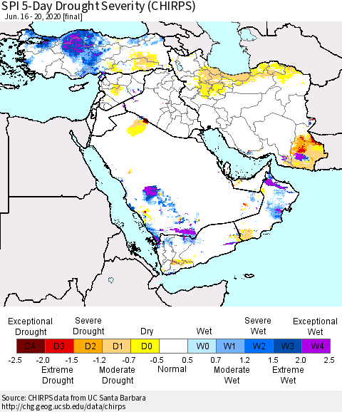 Middle East and Turkey SPI 5-Day Drought Severity (CHIRPS) Thematic Map For 6/16/2020 - 6/20/2020