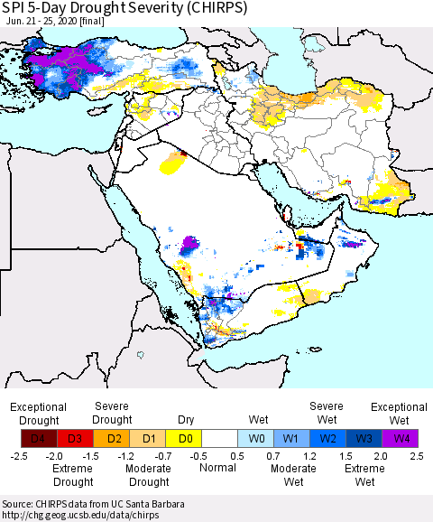 Middle East and Turkey SPI 5-Day Drought Severity (CHIRPS) Thematic Map For 6/21/2020 - 6/25/2020