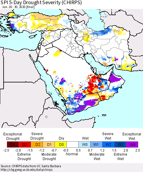 Middle East and Turkey SPI 5-Day Drought Severity (CHIRPS) Thematic Map For 6/26/2020 - 6/30/2020