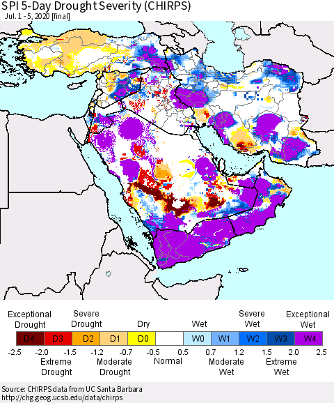 Middle East and Turkey SPI 5-Day Drought Severity (CHIRPS) Thematic Map For 7/1/2020 - 7/5/2020