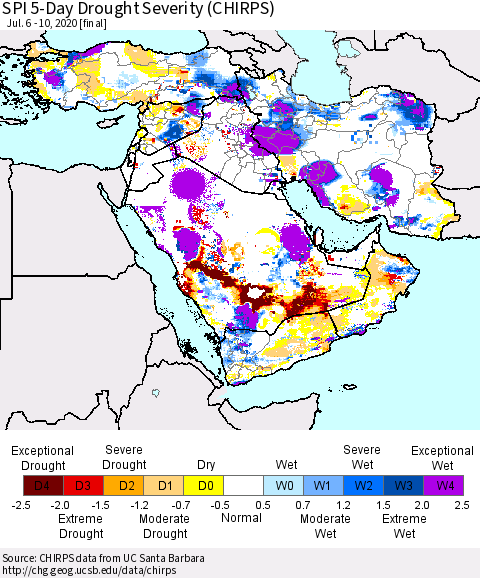 Middle East and Turkey SPI 5-Day Drought Severity (CHIRPS) Thematic Map For 7/6/2020 - 7/10/2020