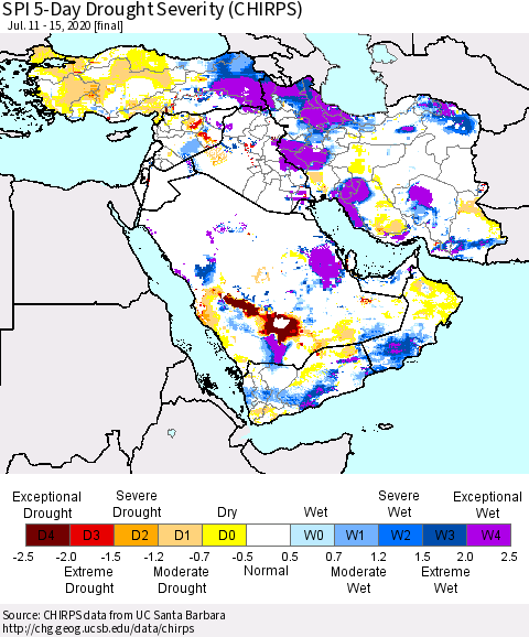 Middle East and Turkey SPI 5-Day Drought Severity (CHIRPS) Thematic Map For 7/11/2020 - 7/15/2020
