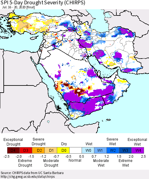 Middle East and Turkey SPI 5-Day Drought Severity (CHIRPS) Thematic Map For 7/16/2020 - 7/20/2020