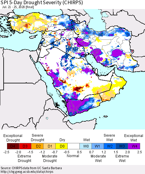 Middle East and Turkey SPI 5-Day Drought Severity (CHIRPS) Thematic Map For 7/21/2020 - 7/25/2020