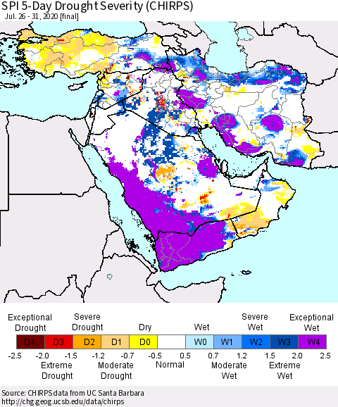 Middle East and Turkey SPI 5-Day Drought Severity (CHIRPS) Thematic Map For 7/26/2020 - 7/31/2020