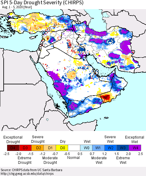 Middle East and Turkey SPI 5-Day Drought Severity (CHIRPS) Thematic Map For 8/1/2020 - 8/5/2020