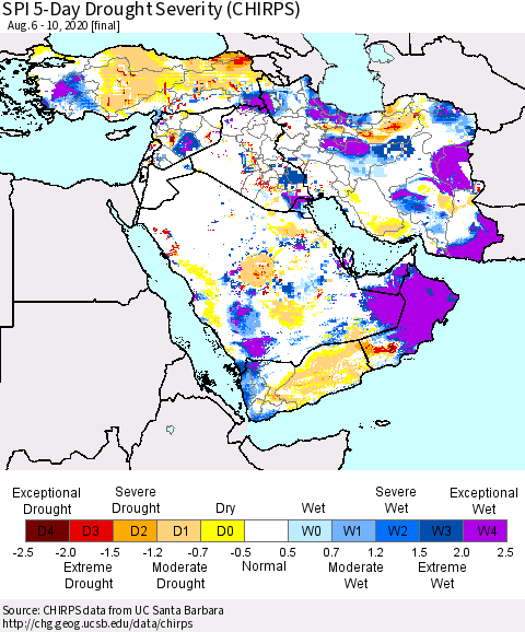 Middle East and Turkey SPI 5-Day Drought Severity (CHIRPS) Thematic Map For 8/6/2020 - 8/10/2020