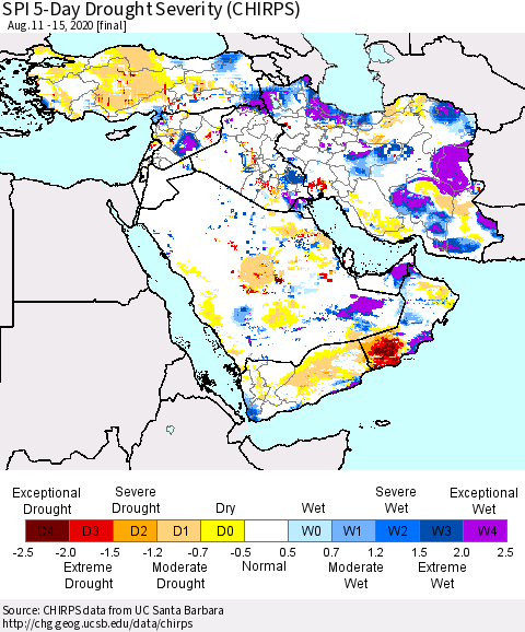 Middle East and Turkey SPI 5-Day Drought Severity (CHIRPS) Thematic Map For 8/11/2020 - 8/15/2020