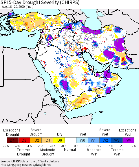 Middle East and Turkey SPI 5-Day Drought Severity (CHIRPS) Thematic Map For 8/16/2020 - 8/20/2020