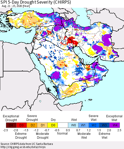 Middle East and Turkey SPI 5-Day Drought Severity (CHIRPS) Thematic Map For 8/21/2020 - 8/25/2020