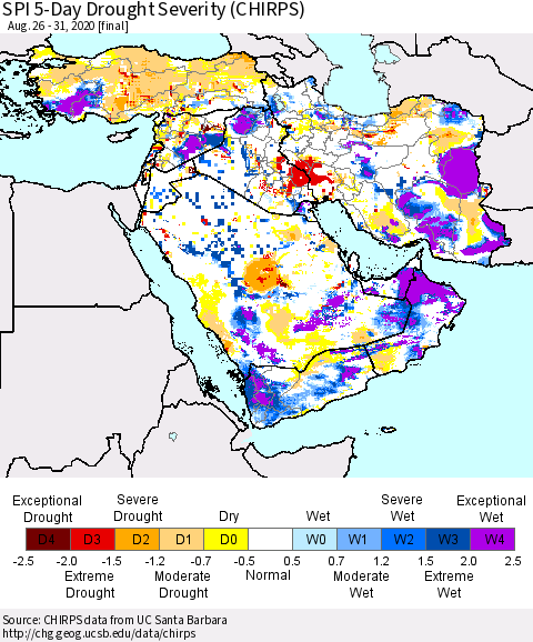 Middle East and Turkey SPI 5-Day Drought Severity (CHIRPS) Thematic Map For 8/26/2020 - 8/31/2020