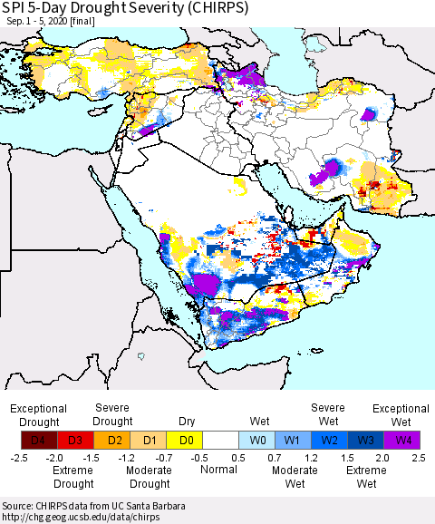 Middle East and Turkey SPI 5-Day Drought Severity (CHIRPS) Thematic Map For 9/1/2020 - 9/5/2020