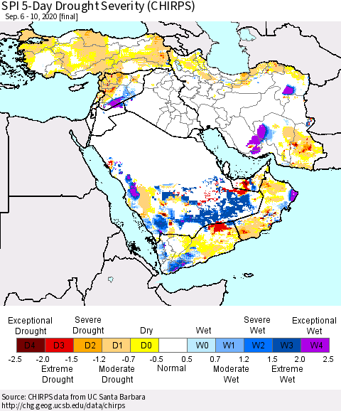 Middle East and Turkey SPI 5-Day Drought Severity (CHIRPS) Thematic Map For 9/6/2020 - 9/10/2020