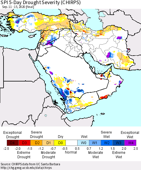 Middle East and Turkey SPI 5-Day Drought Severity (CHIRPS) Thematic Map For 9/11/2020 - 9/15/2020
