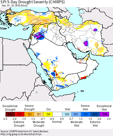 Middle East and Turkey SPI 5-Day Drought Severity (CHIRPS) Thematic Map For 9/16/2020 - 9/20/2020