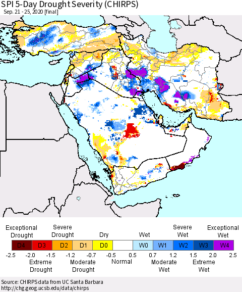 Middle East and Turkey SPI 5-Day Drought Severity (CHIRPS) Thematic Map For 9/21/2020 - 9/25/2020