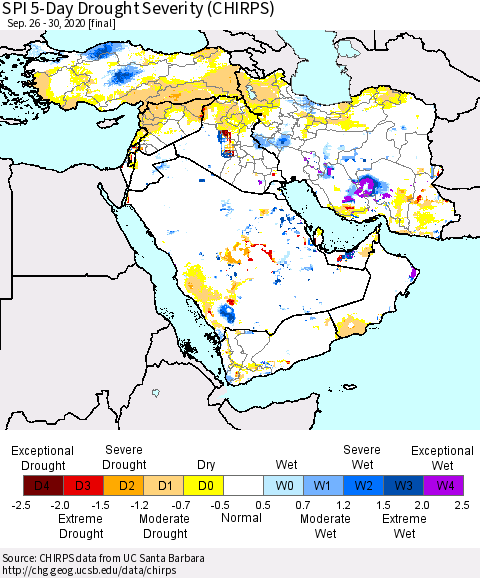 Middle East and Turkey SPI 5-Day Drought Severity (CHIRPS) Thematic Map For 9/26/2020 - 9/30/2020