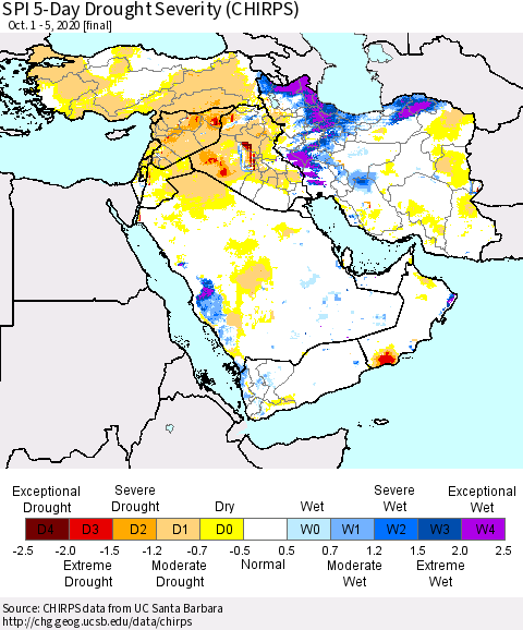 Middle East and Turkey SPI 5-Day Drought Severity (CHIRPS) Thematic Map For 10/1/2020 - 10/5/2020