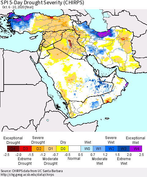 Middle East and Turkey SPI 5-Day Drought Severity (CHIRPS) Thematic Map For 10/6/2020 - 10/10/2020