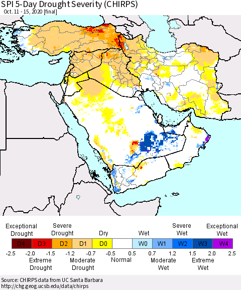 Middle East and Turkey SPI 5-Day Drought Severity (CHIRPS) Thematic Map For 10/11/2020 - 10/15/2020