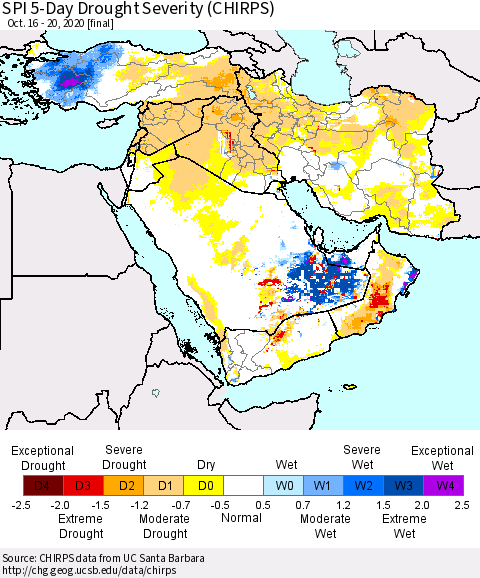 Middle East and Turkey SPI 5-Day Drought Severity (CHIRPS) Thematic Map For 10/16/2020 - 10/20/2020