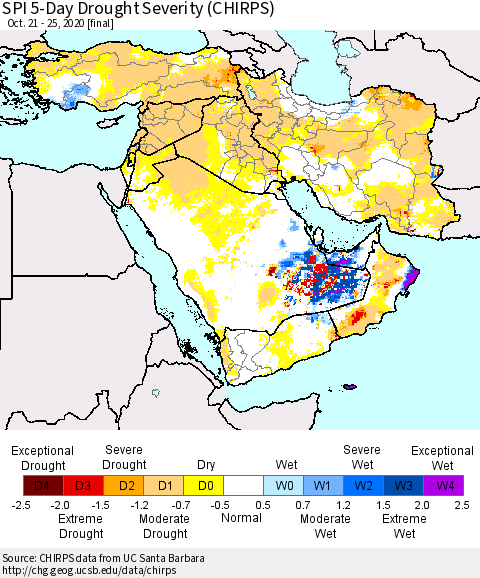 Middle East and Turkey SPI 5-Day Drought Severity (CHIRPS) Thematic Map For 10/21/2020 - 10/25/2020