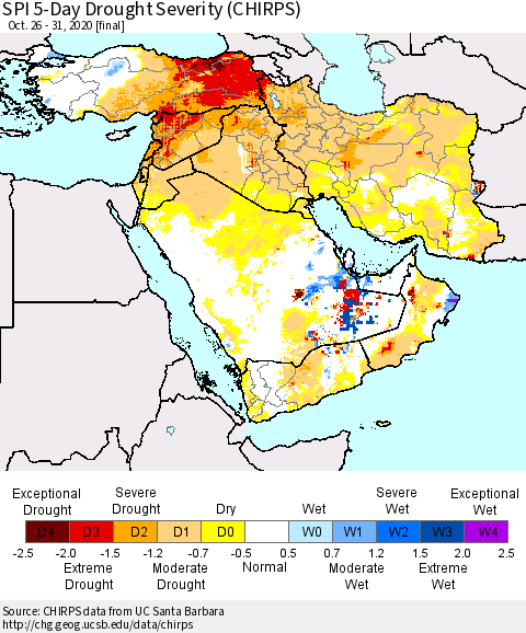Middle East and Turkey SPI 5-Day Drought Severity (CHIRPS) Thematic Map For 10/26/2020 - 10/31/2020