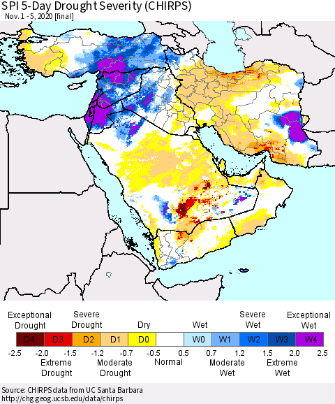 Middle East and Turkey SPI 5-Day Drought Severity (CHIRPS) Thematic Map For 11/1/2020 - 11/5/2020