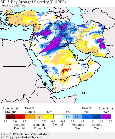 Middle East and Turkey SPI 5-Day Drought Severity (CHIRPS) Thematic Map For 11/6/2020 - 11/10/2020