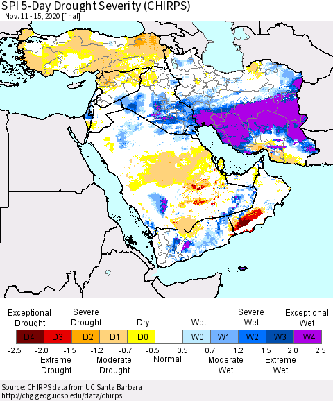 Middle East and Turkey SPI 5-Day Drought Severity (CHIRPS) Thematic Map For 11/11/2020 - 11/15/2020