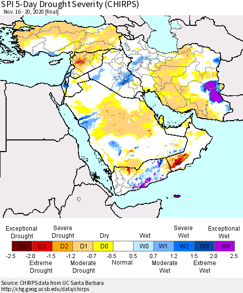 Middle East and Turkey SPI 5-Day Drought Severity (CHIRPS) Thematic Map For 11/16/2020 - 11/20/2020