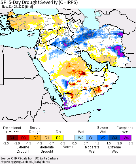 Middle East and Turkey SPI 5-Day Drought Severity (CHIRPS) Thematic Map For 11/21/2020 - 11/25/2020