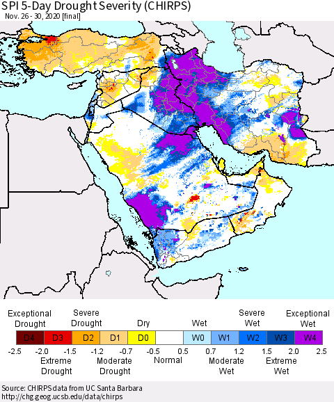 Middle East and Turkey SPI 5-Day Drought Severity (CHIRPS) Thematic Map For 11/26/2020 - 11/30/2020