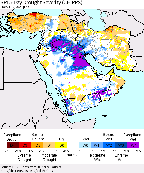 Middle East and Turkey SPI 5-Day Drought Severity (CHIRPS) Thematic Map For 12/1/2020 - 12/5/2020