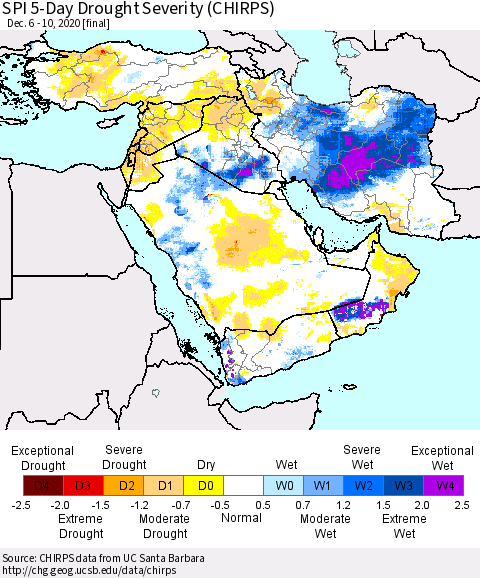 Middle East and Turkey SPI 5-Day Drought Severity (CHIRPS) Thematic Map For 12/6/2020 - 12/10/2020