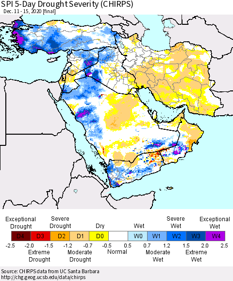 Middle East and Turkey SPI 5-Day Drought Severity (CHIRPS) Thematic Map For 12/11/2020 - 12/15/2020