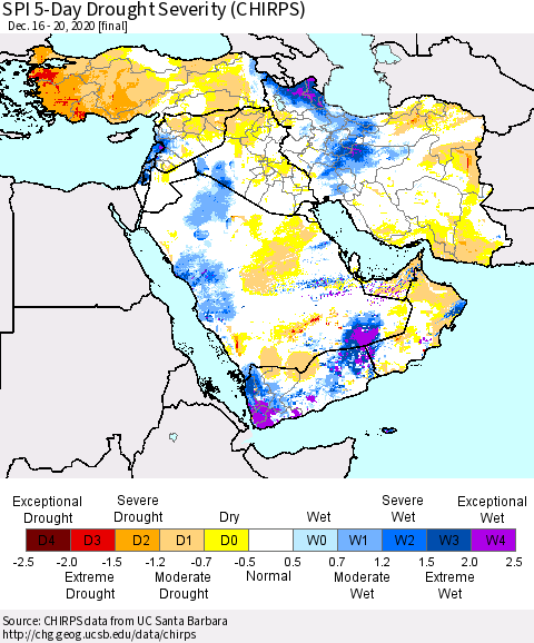 Middle East and Turkey SPI 5-Day Drought Severity (CHIRPS) Thematic Map For 12/16/2020 - 12/20/2020