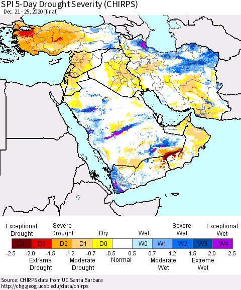 Middle East and Turkey SPI 5-Day Drought Severity (CHIRPS) Thematic Map For 12/21/2020 - 12/25/2020