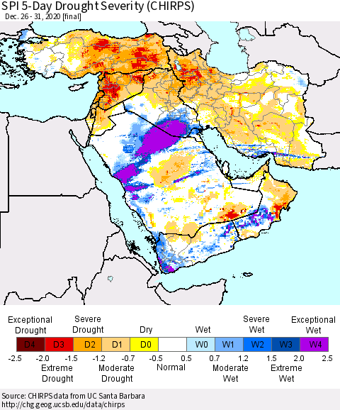 Middle East and Turkey SPI 5-Day Drought Severity (CHIRPS) Thematic Map For 12/26/2020 - 12/31/2020