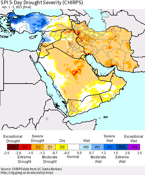 Middle East and Turkey SPI 5-Day Drought Severity (CHIRPS) Thematic Map For 4/1/2021 - 4/5/2021